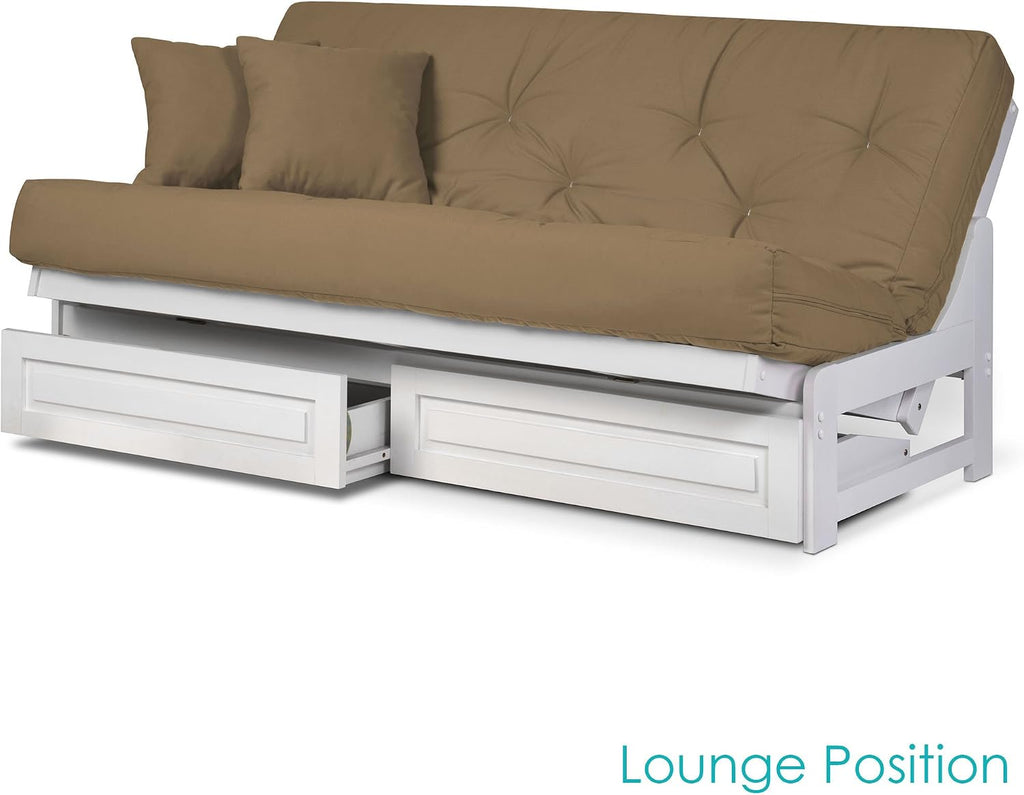 Nirvana Futons Arden White Futon with Storage Drawers Full or Queen Size - Space Saving Armless Design with Comfortable Mattress Included (Microfiber Sussex Khaki), Sofa Bed Available in