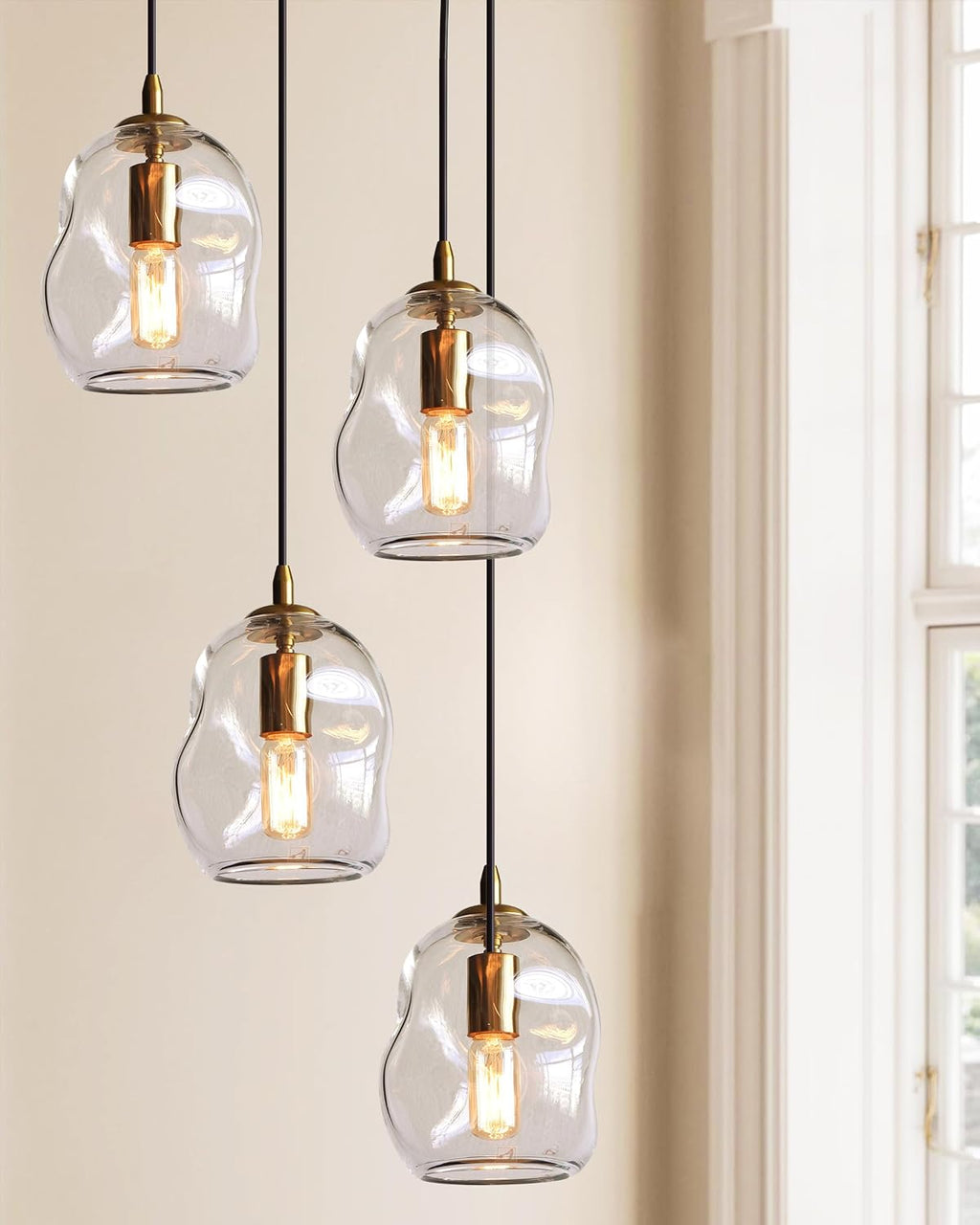 CASAMOTION Pendant Lights Kitchen Island 2 Pack Modern Contemporary Clear Glass Organic Globe Brass Gold Hanging Light Adjustable Cord Bedroom Dining Table Small Medium Lamp 8 Inch