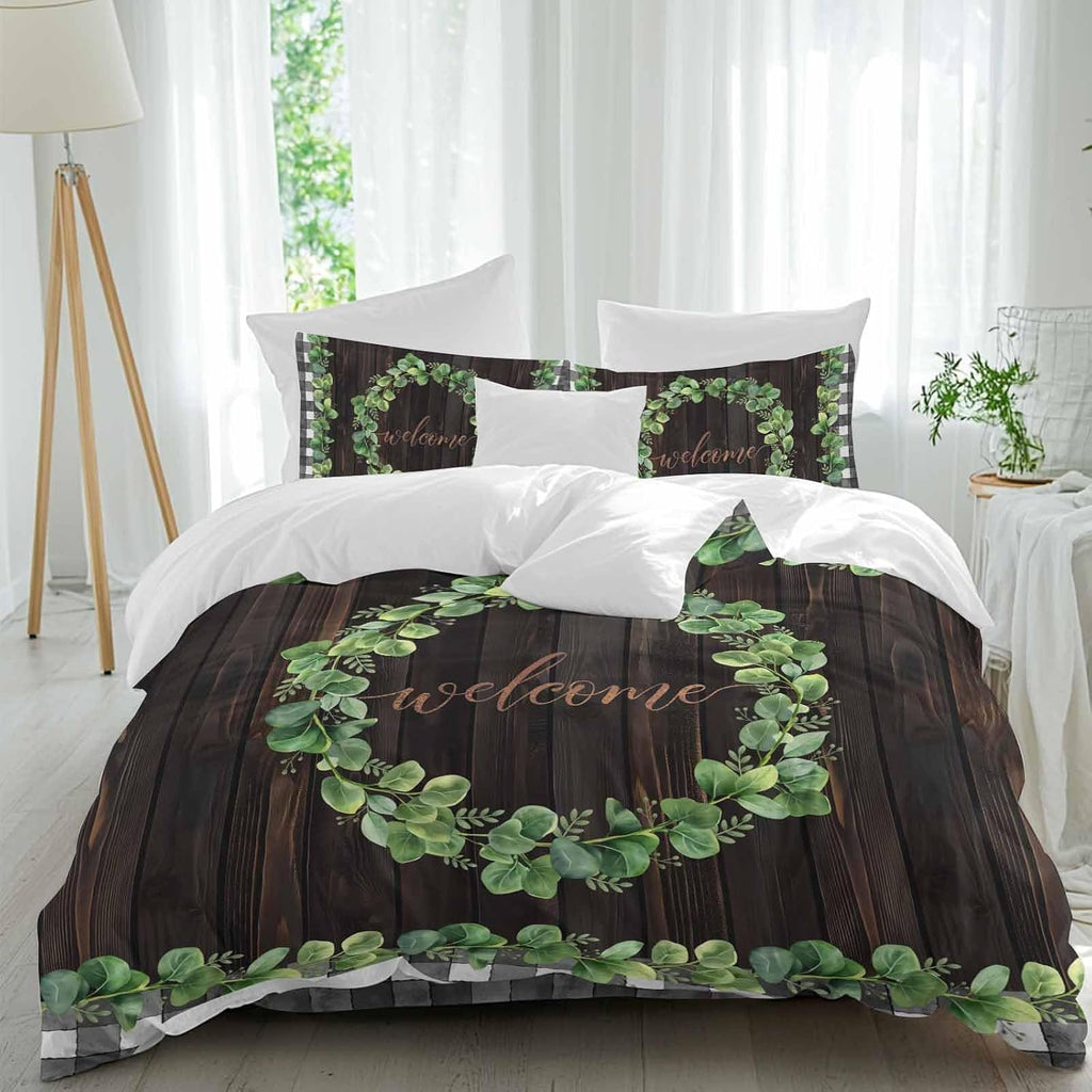 Welcome Duvet Cover Set Queen Size 4 Pieces Spring Eucalyptus Leaf Plaid Farmhouses Brown Wood Bedding Set with Zipper Closure, 1 Comforter Cover 90x92 Inches 1 Flat Sheet & 2 Pillow Cases