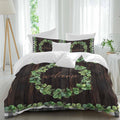 Welcome Duvet Cover Set Queen Size 4 Pieces Spring Eucalyptus Leaf Plaid Farmhouses Brown Wood Bedding Set with Zipper Closure, 1 Comforter Cover 90x92 Inches 1 Flat Sheet & 2 Pillow Cases