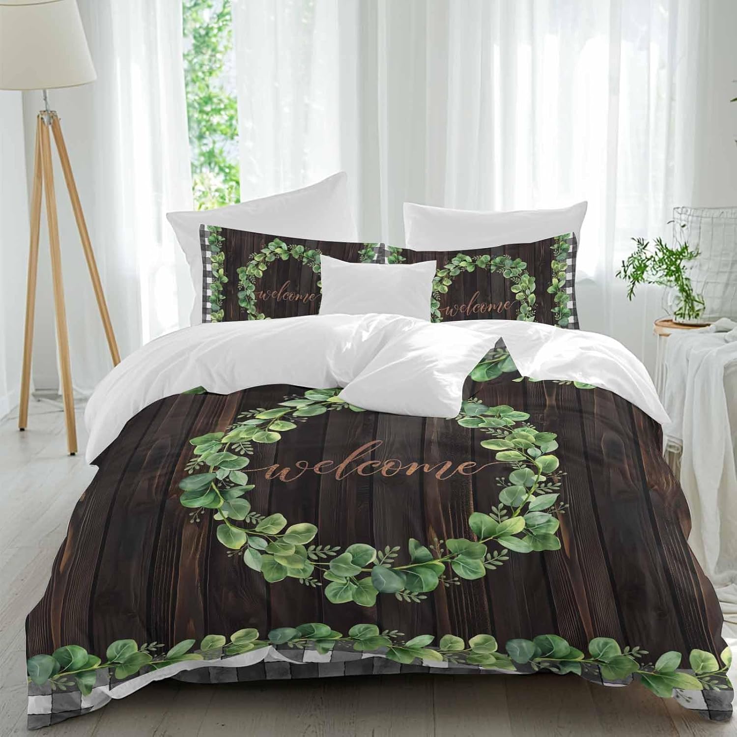 Welcome Duvet Cover Set Queen Size 4 Pieces Spring Eucalyptus Leaf Plaid Farmhouses Brown Wood Bedding Set with Zipper Closure, 1 Comforter Cover 90x92 Inches 1 Flat Sheet & 2 Pillow Cases