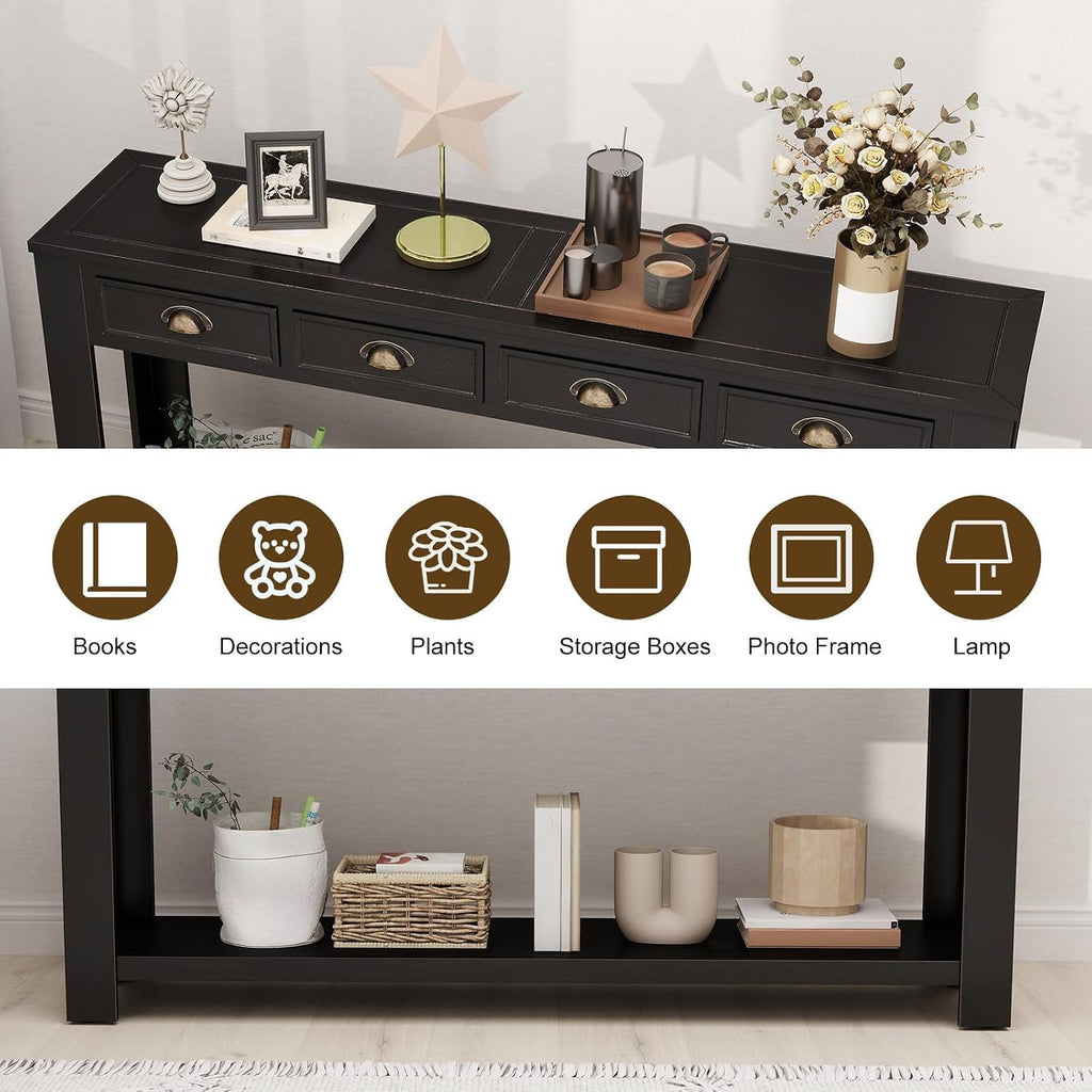 kinbor Long Sofa Table - Black 60 Inch Console Tables for Living Room, Hallway Table with 4 Drawers, Modern Wood Entryway Table with Storge Shelf