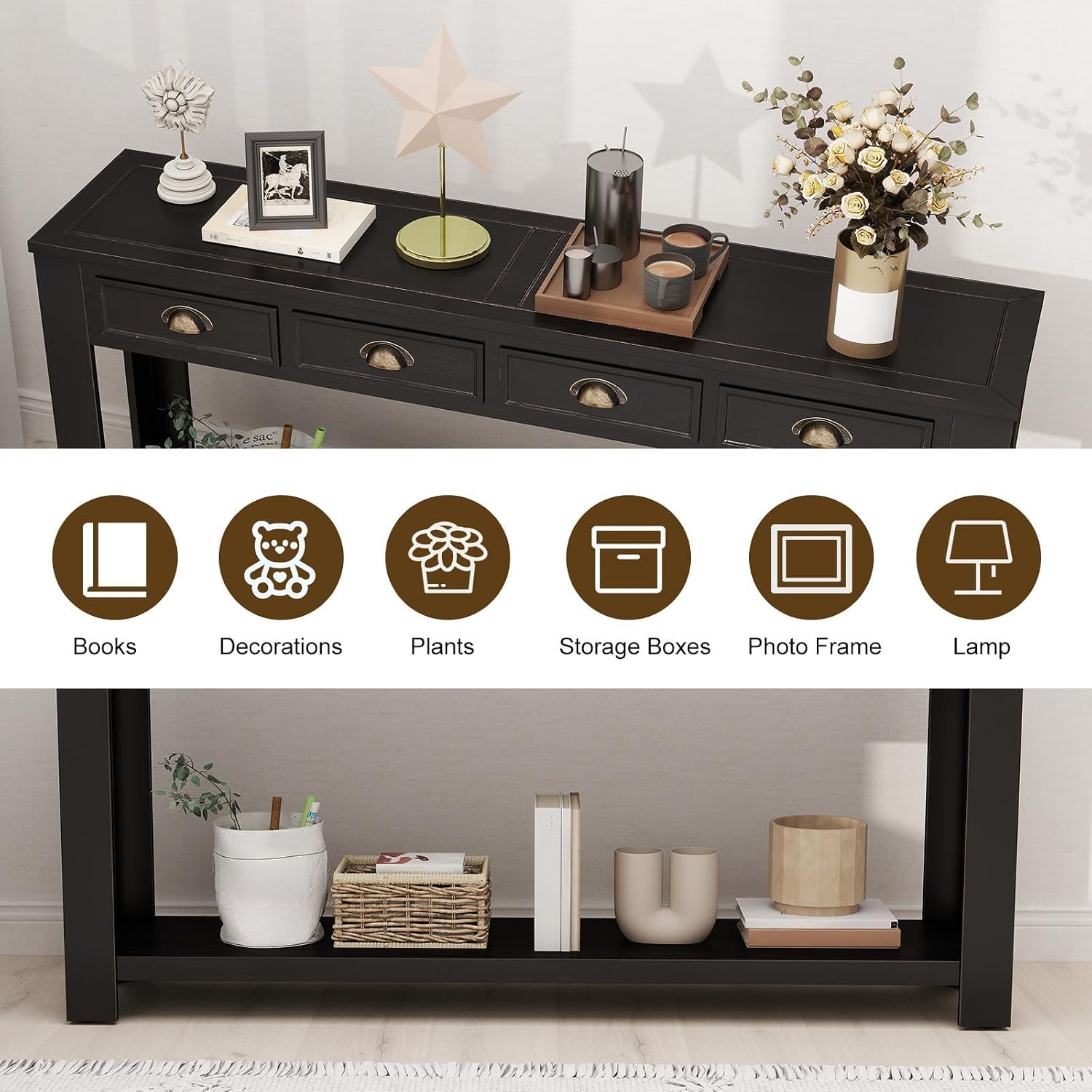 kinbor Long Sofa Table - Black 60 Inch Console Tables for Living Room, Hallway Table with 4 Drawers, Modern Wood Entryway Table with Storge Shelf