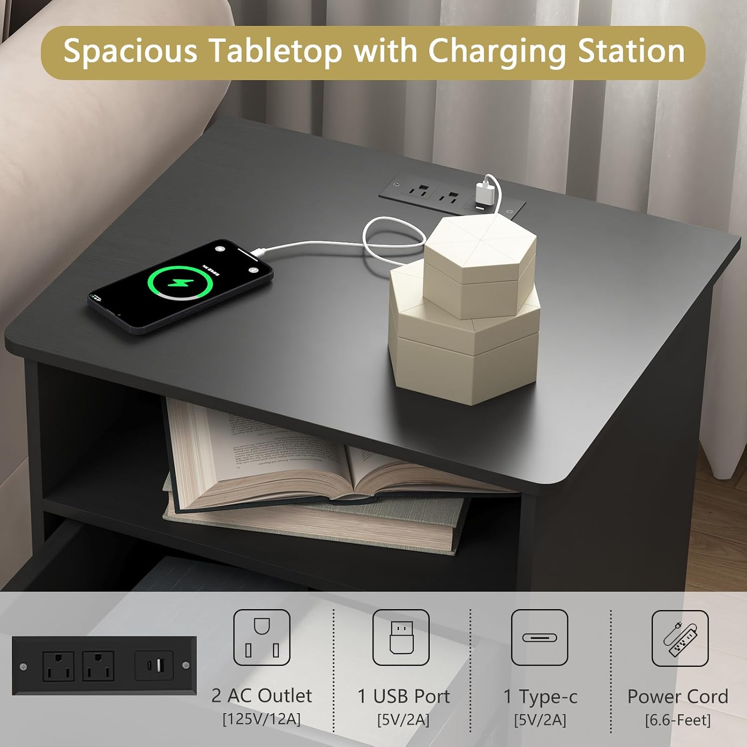 Spaco Black Nightstand Set of 2 with Charging Station,Modern Night Stand Set with 2 Drawers and Open Shelf,Bedside Tables with Storage for Bedroom, End Side Tables for Living Room