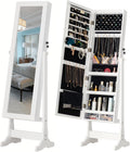 BTEXPERT Mirror Jewelry Cabinet Standing, Large Storage Jewelry Armoire, Full-Length Mirror with Jewelry Storage, LED Bulbs Lockable Standing Jewelry Organizer White