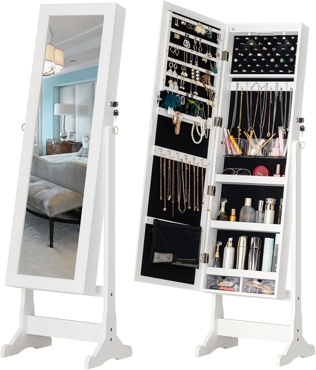 BTEXPERT Mirror Jewelry Cabinet Standing, Large Storage Jewelry Armoire, Full-Length Mirror with Jewelry Storage, LED Bulbs Lockable Standing Jewelry Organizer White