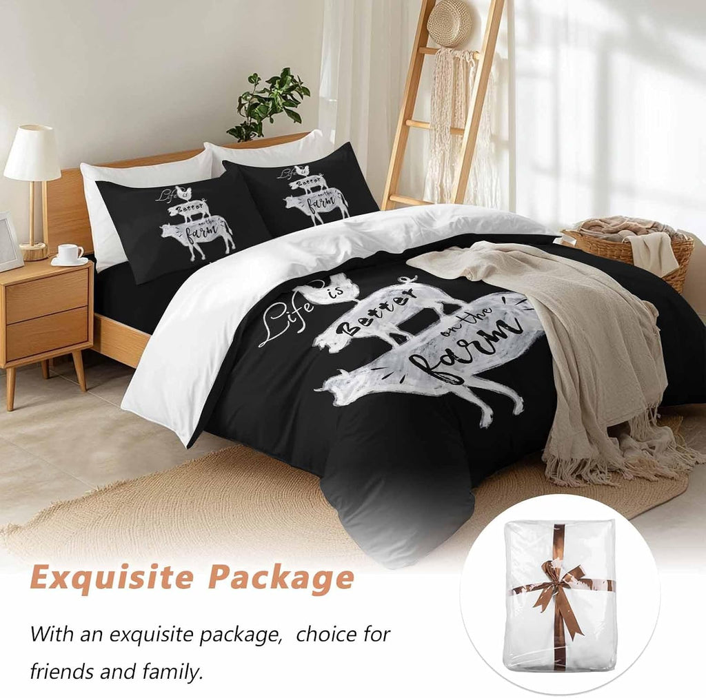 Prime Leader Retro Farm Duvet Cover Set Queen Size 4 Pieces Chicken Pig Cow Farmhouse Animal Black White Bedding Set with Zipper Closure, 1 Comforter Cover 92x106 Inches 1 Flat Sheet & 2 Pillow Cases