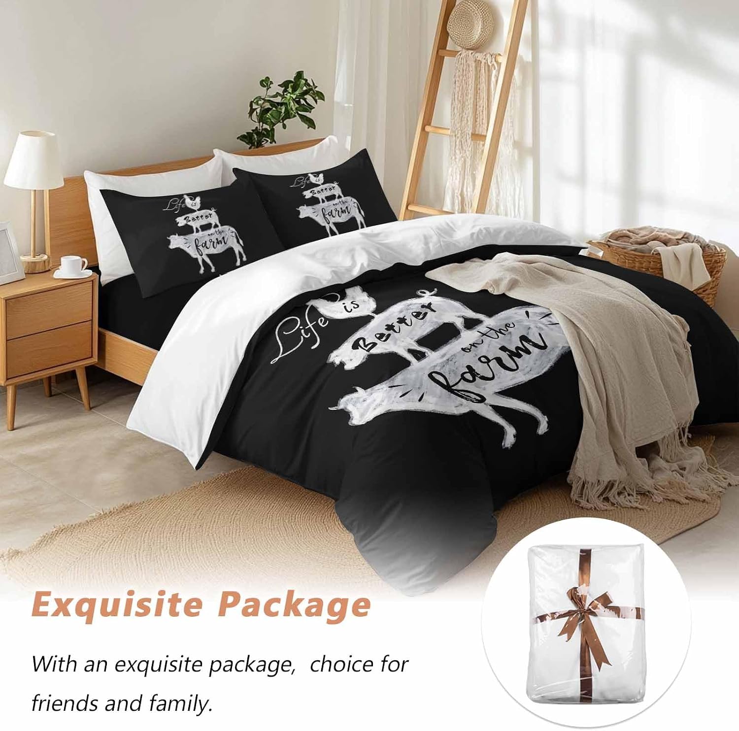 Prime Leader Retro Farm Duvet Cover Set Queen Size 4 Pieces Chicken Pig Cow Farmhouse Animal Black White Bedding Set with Zipper Closure, 1 Comforter Cover 92x106 Inches 1 Flat Sheet & 2 Pillow Cases