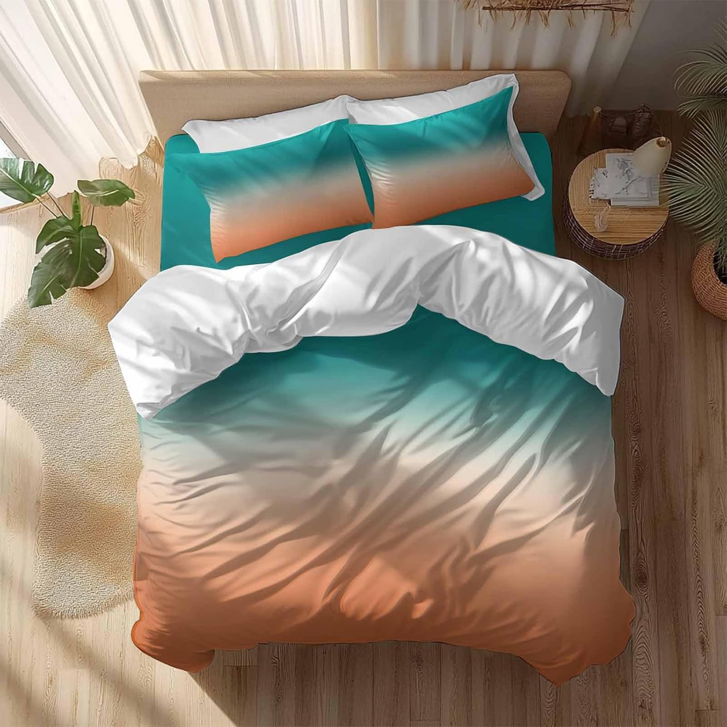 Gradient Green Duvet Cover Set Queen Size 4 Pieces Modern Minimalist Green Orange Ocean Beach Bedding Set with Zipper Closure, 1 Comforter Cover 90x92 Inches 1 Flat Sheet & 2 Pillow Cases