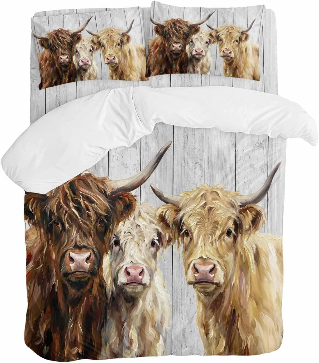 Farm Highland Cattles Duvet Cover Set Queen Size 4 Pieces Farmhouse Brown Cow Country Gray Wood Grain Bedding Set with Zipper Closure, 1 Comforter Cover 92x106 Inches 1 Flat Sheet & 2 Pillow Cases