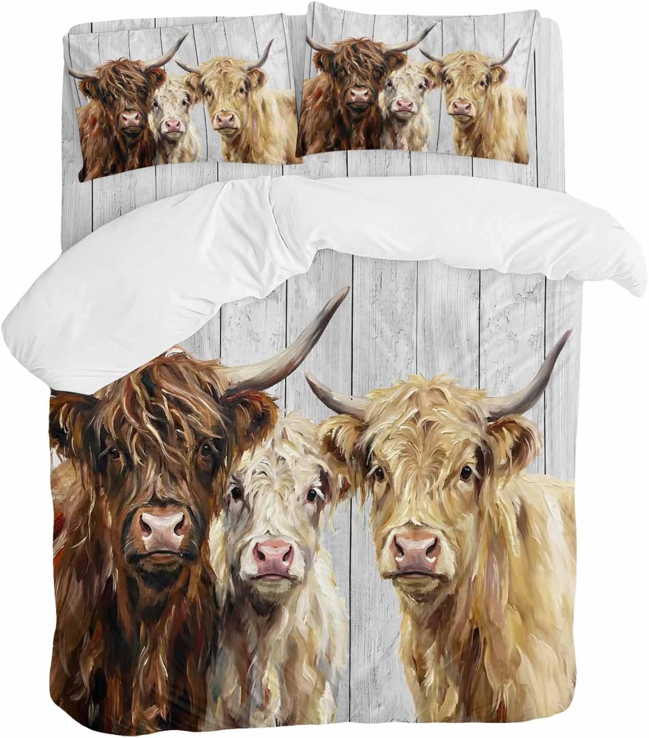 Farm Highland Cattles Duvet Cover Set Queen Size 4 Pieces Farmhouse Brown Cow Country Gray Wood Grain Bedding Set with Zipper Closure, 1 Comforter Cover 92x106 Inches 1 Flat Sheet & 2 Pillow Cases