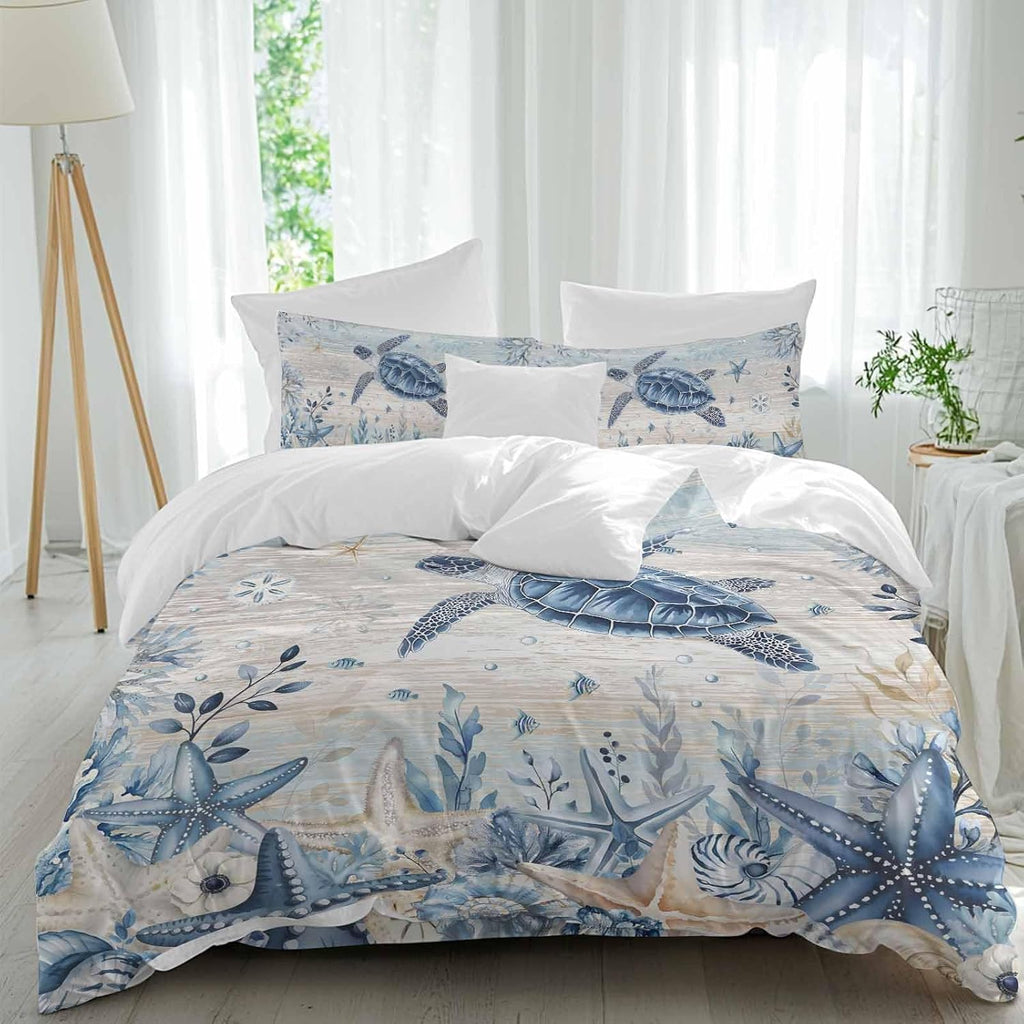 Ocean Turtles Duvet Cover Set Queen Size 4 Pieces Blue Yellow Sea Star Shell Coral Yellow Blue Stripes Bedding Set with Zipper Closure, 1 Comforter Cover 92x106 Inches 1 Flat Sheet & 2 Pillow Cases