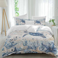 Ocean Turtles Duvet Cover Set Queen Size 4 Pieces Blue Yellow Sea Star Shell Coral Yellow Blue Stripes Bedding Set with Zipper Closure, 1 Comforter Cover 92x106 Inches 1 Flat Sheet & 2 Pillow Cases