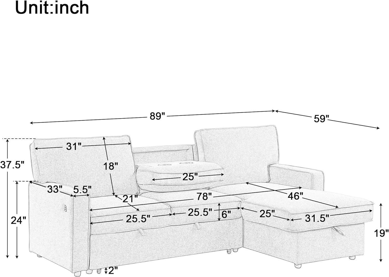 Merax 89' L-Shaped Sleeper Sofa Bed with Pull Out Bed & Reversible Chaise, Sleeper Sofa Couch with Storage Space, USB Port, and 2 Cup Holders on Back Cushions for Living Room Furniture Set, Beige