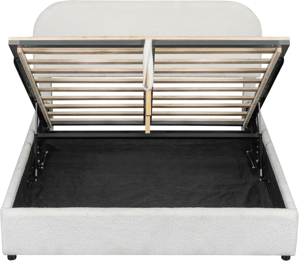 Upholstered Platform Bed with Hydraulic Storage System and Curved Shaped Headboard, Queen Size Wood Bed Frame for Kids Adults Bedroom Furniture, Teddy Fleece Thick Upholstered Bed Grounded Bed