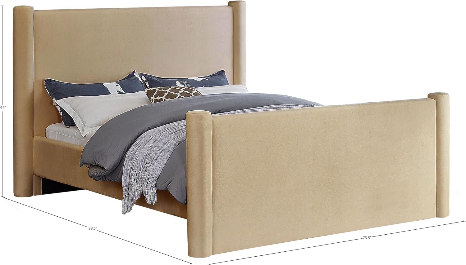 Meridian Furniture B1298Camel-Q Elias Collection Modern | Contemporary Queen Bed with Soft Camel Velvet, Solid Wood Inner Frame, 73.5' W x 88.5' D x 52' H, Camel, Queen