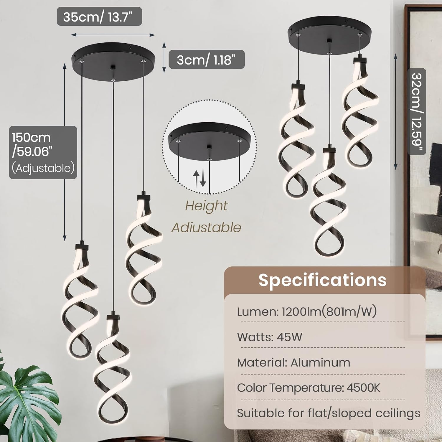Modern Led Pendant Light Fixture, 45W Black Spiral Led Chandelier Hanging Lamp, 4500K 3 Light Cluster Pendant Lighting, Adjustable Height Pendant Light for Dining Room Bedroom Kitchen Island (3 Light)