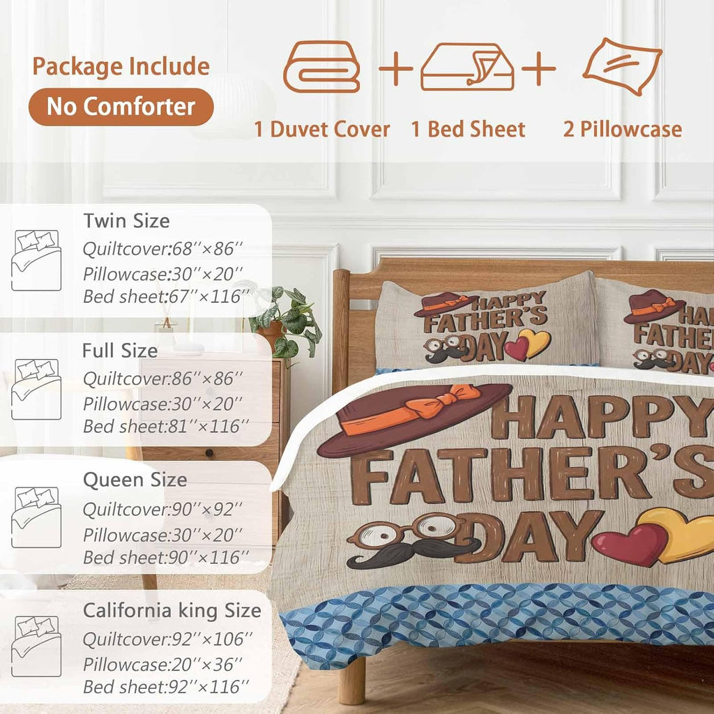 Prime Leader Father's Day Duvet Cover Set Queen Size 4 Pieces Wood Grain Retro Love Heart Hat Brown Blue Bedding Set with Zipper Closure, 1 Comforter Cover 92x106 Inches 1 Flat Sheet & 2 Pillow Cases