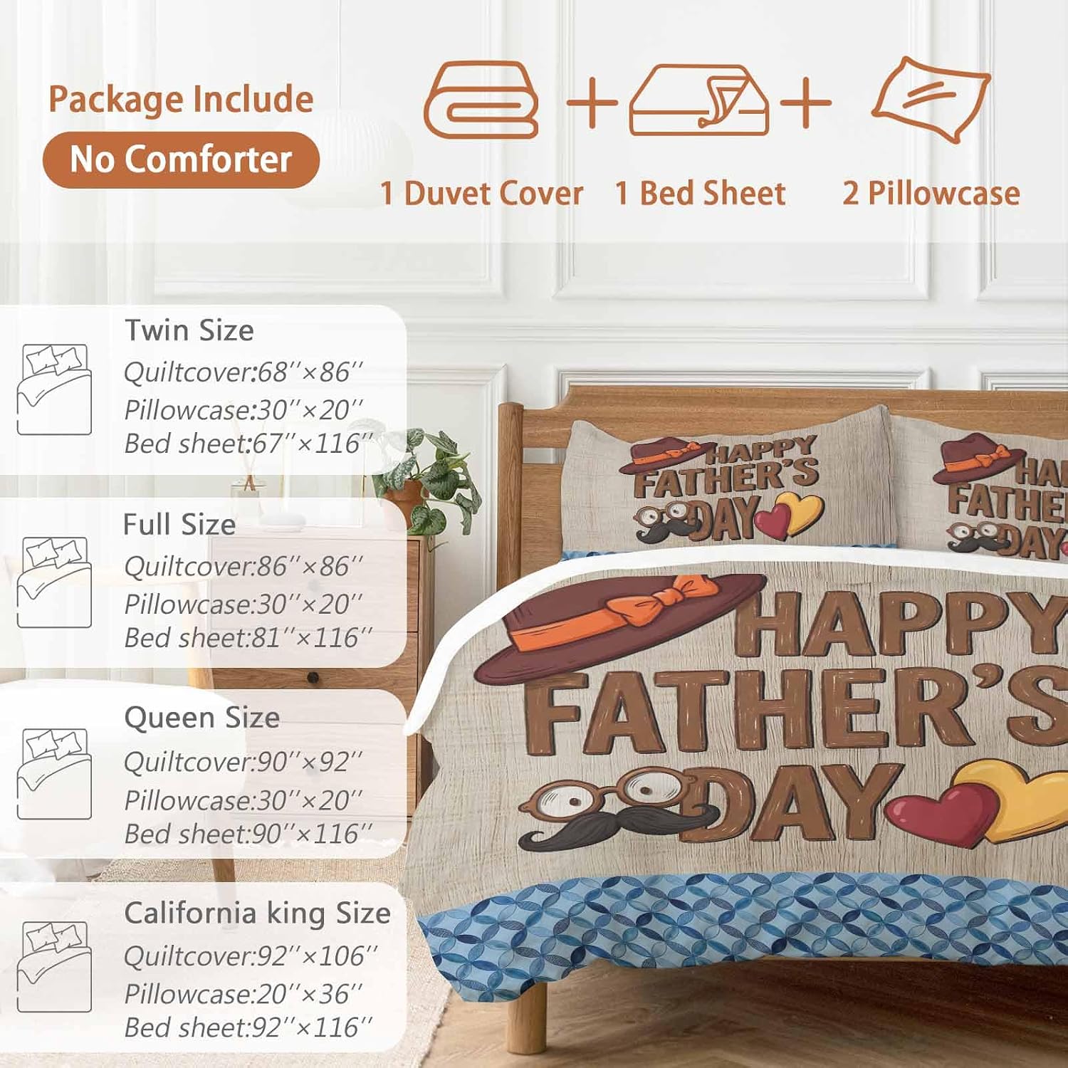 Prime Leader Father's Day Duvet Cover Set Queen Size 4 Pieces Wood Grain Retro Love Heart Hat Brown Blue Bedding Set with Zipper Closure, 1 Comforter Cover 92x106 Inches 1 Flat Sheet & 2 Pillow Cases