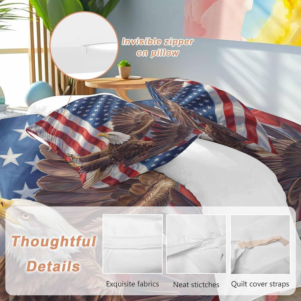 Independence Day Duvet Cover Set Queen Size 4 Pieces Watercolor U. S. Flag Soaring Bald Eagle Bedding Set with Zipper Closure, 1 Comforter Cover 92x106 Inches 1 Flat Sheet & 2 Pillow Cases
