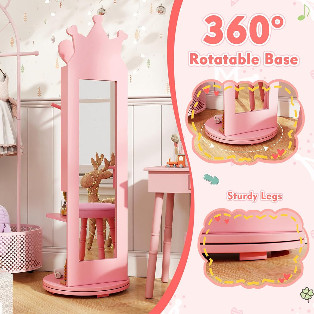 GLACER Kids Vanity with Stool, Rotatable Kids Jewelry Armoire, Kids Vanity Table and Chair Set w/Coat Rack, Storage Shelves, Full-Length Mirror, Solid Wood Legs, Kids Bedroom Furniture (Pink)