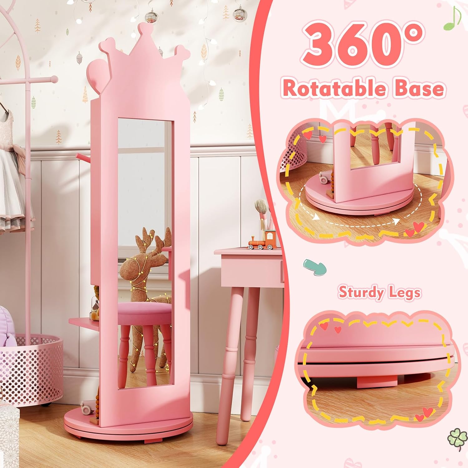GLACER Kids Vanity with Stool, Rotatable Kids Jewelry Armoire, Kids Vanity Table and Chair Set w/Coat Rack, Storage Shelves, Full-Length Mirror, Solid Wood Legs, Kids Bedroom Furniture (Pink)