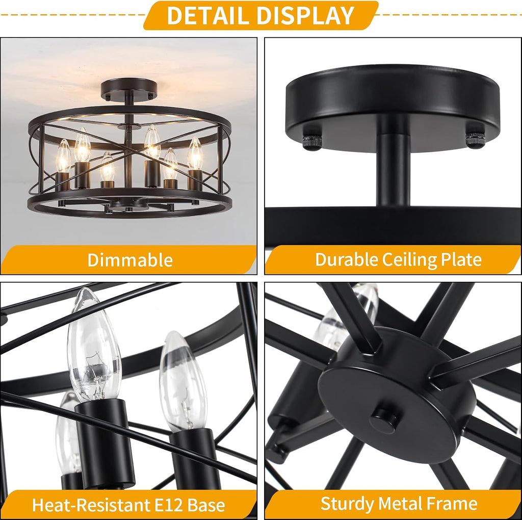 6-Light Black Semi Flush Mount Ceiling Light, 16.53'' Modern Farmhouse Close to Ceiling Light Fixtures, Ceiling Lamp for Hallway Entryway Foyer Dining Room Living Room Bedroom Kitchen Light Fixtures