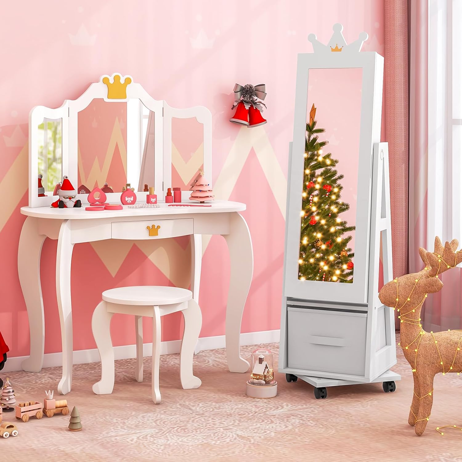Costzon Kids Vanity & Jewelry Armoire Cabinet, Kids Vanity Table and Chair Set, 360° Swivel Standing Jewelry Organizer with Full-Length Mirror & Wheels, Kids Bedroom Furniture Set for Girls (White)