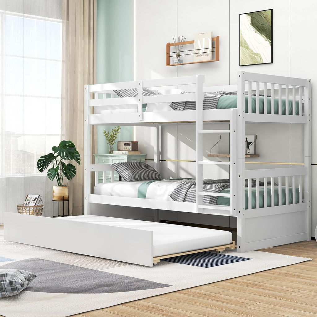 MAT EXPERT Twin Over Twin Bunk Bed with Trundle, Solid Wood Bunk Bed Frame w/Ladder, Slats & Rail, Convertible Twin Size Platform Bed for Kids, Space-Saving Bunk Beds for Bedroom Dorm (White)