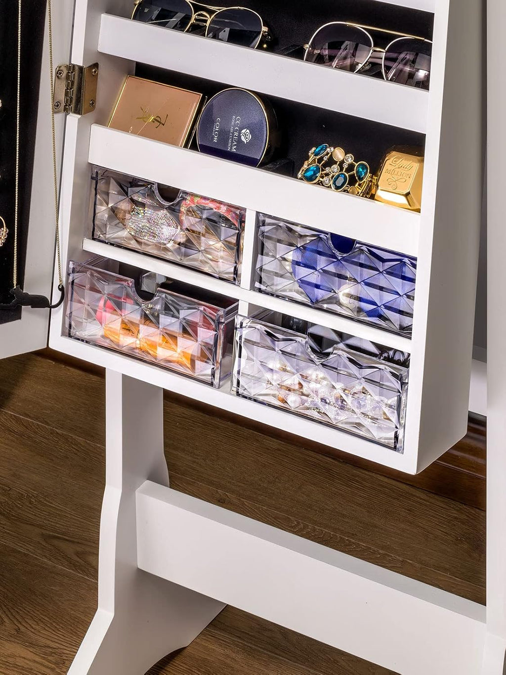 LUXFURNI LED Light Standing Jewelry Cabinet Armoire, Full Length Mirror with Storage, Lockable Large Storage Jewelry Organizer Mirror w/Drawers (White)