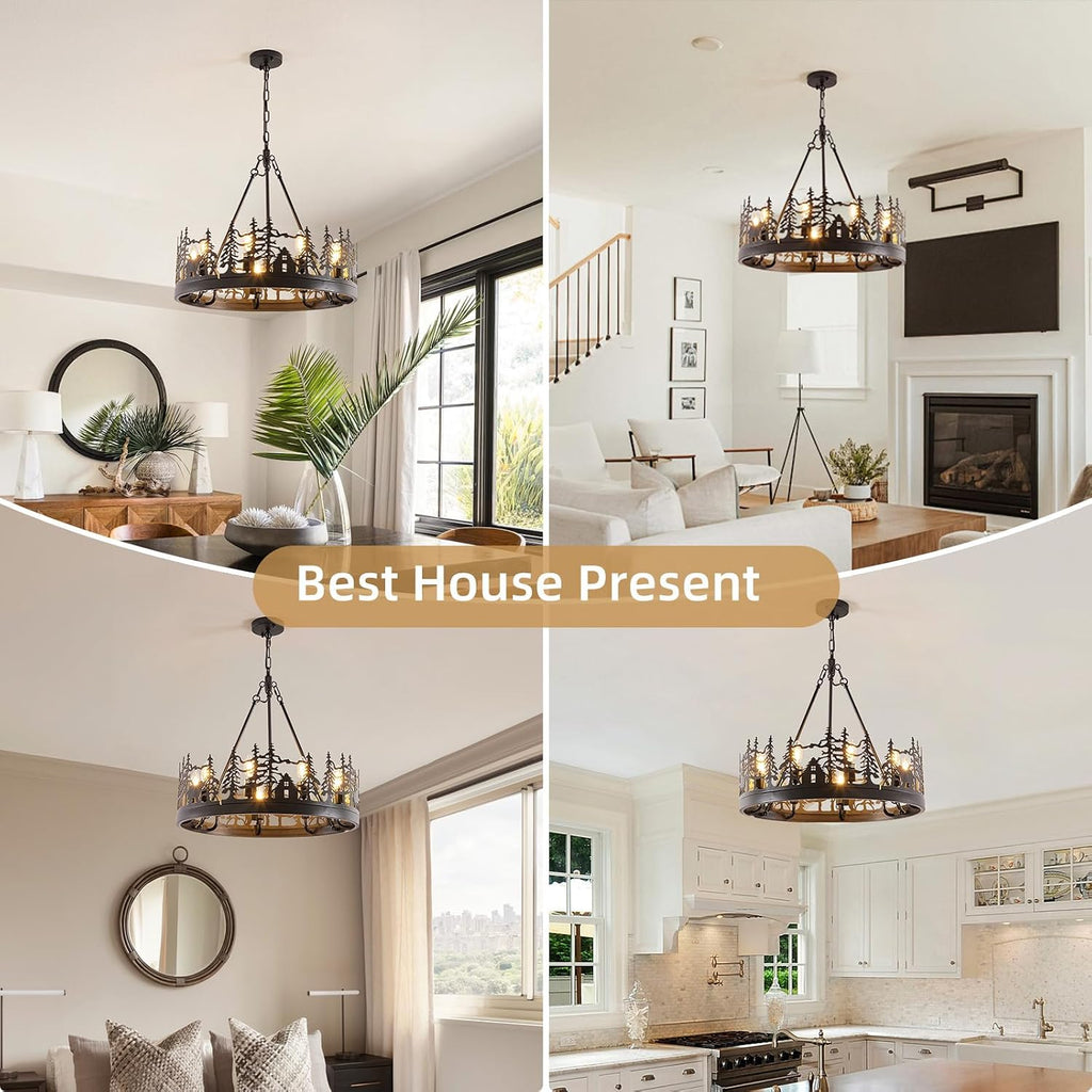 9-Light Rustic Farmhouse Chandelier, Black Wagon Wheel Pendant Light Fixture 23.6' Round Vintage Bear Chandelier for Dining Room Living Room Kitchen