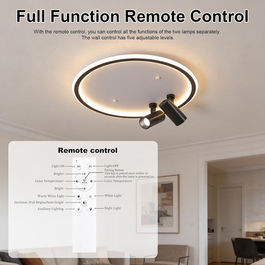 Shine LUEST Modern LED Bedroom Ceiling Light, 2 Adjustable Spotlights, Dimmable Round Close to Ceiling Lamp, Black White Minimalist Lighting for Living Room Bedroom Kitchen Dining Room