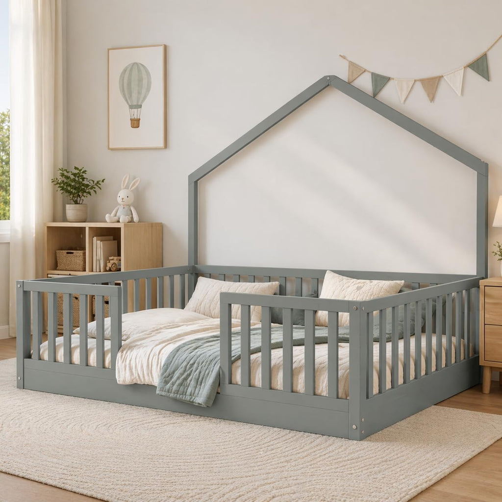 Full Size Floor Bed with High Rails, Wooden Montessori Floor Bed Full with Light & Wood Slats, Low Profile Montessori Beds for Kids, Boys & Girls, Gray