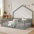Full Size Floor Bed with High Rails, Wooden Montessori Floor Bed Full with Light & Wood Slats, Low Profile Montessori Beds for Kids, Boys & Girls, Gray
