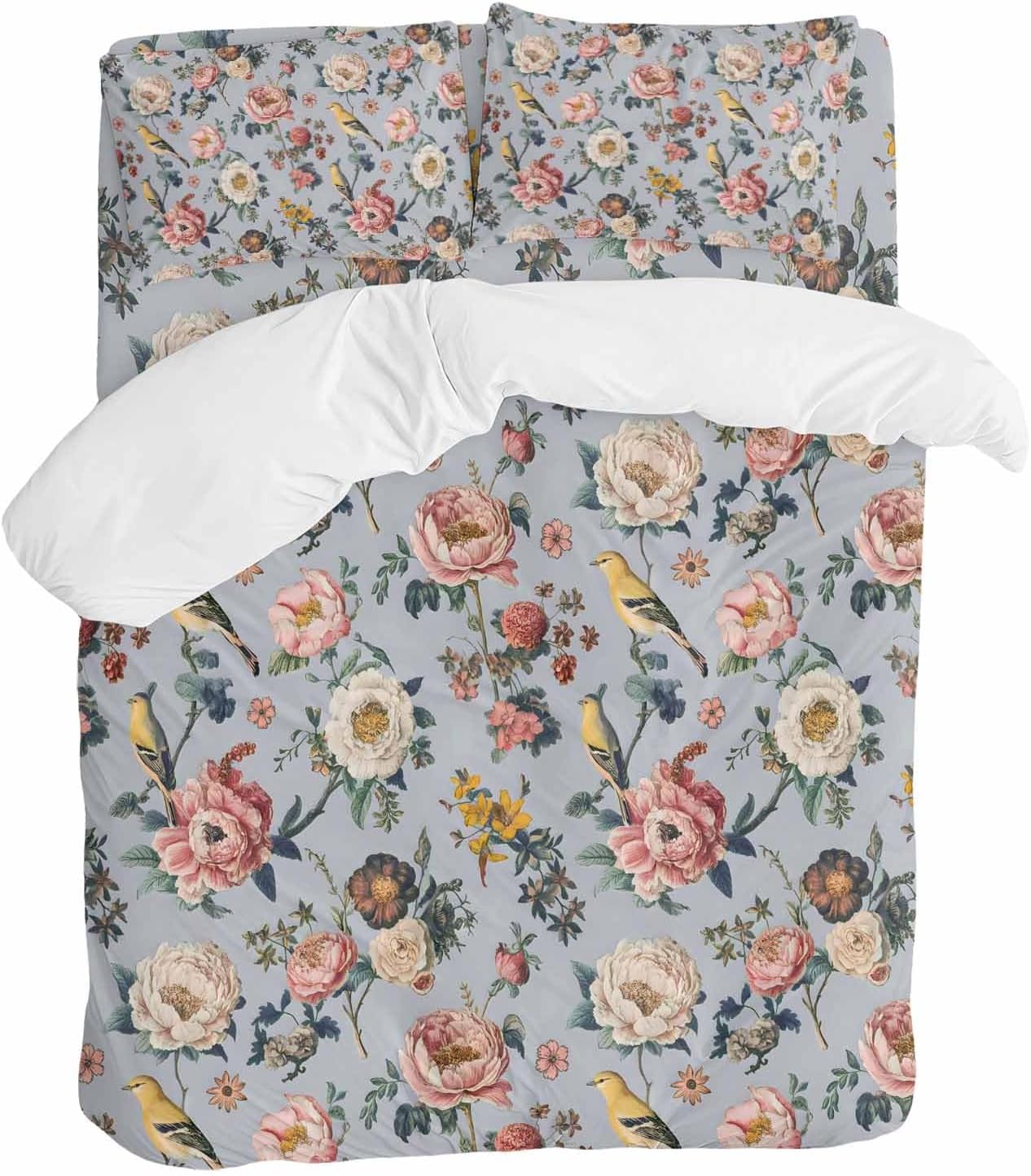 White Pink Flowers Duvet Cover Set Queen Size 4 Pieces Ethnic Retro White Floral Birds Light Purple Bedding Set with Zipper Closure, 1 Comforter Cover 92x106 Inches 1 Flat Sheet & 2 Pillow Cases
