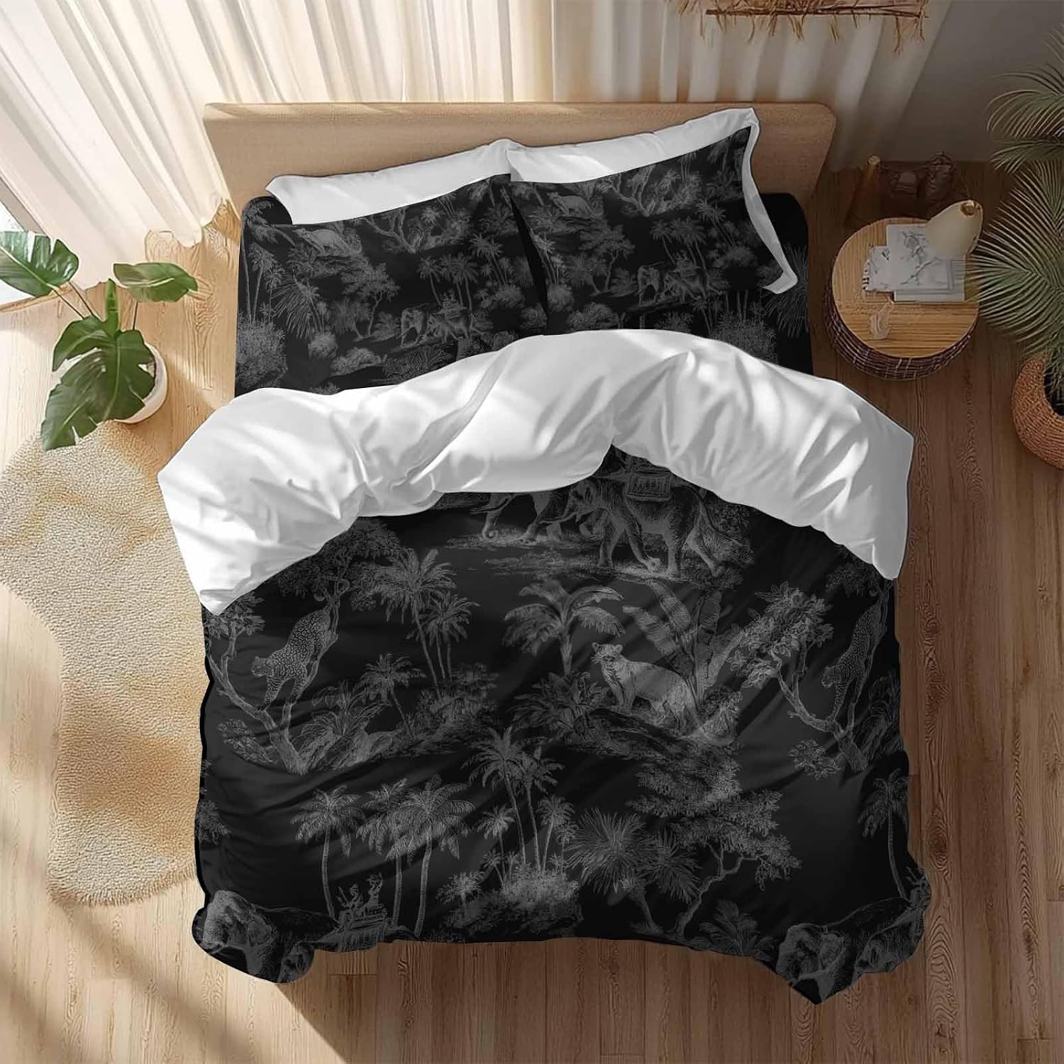 Prime Leader Forest Animal Duvet Cover Set Queen Size 4 Pieces Vintage Forest Elephant Leopard Black Bedding Set with Zipper Closure, 1 Comforter Cover 86x86 Inches 1 Flat Sheet & 2 Pillow Cases