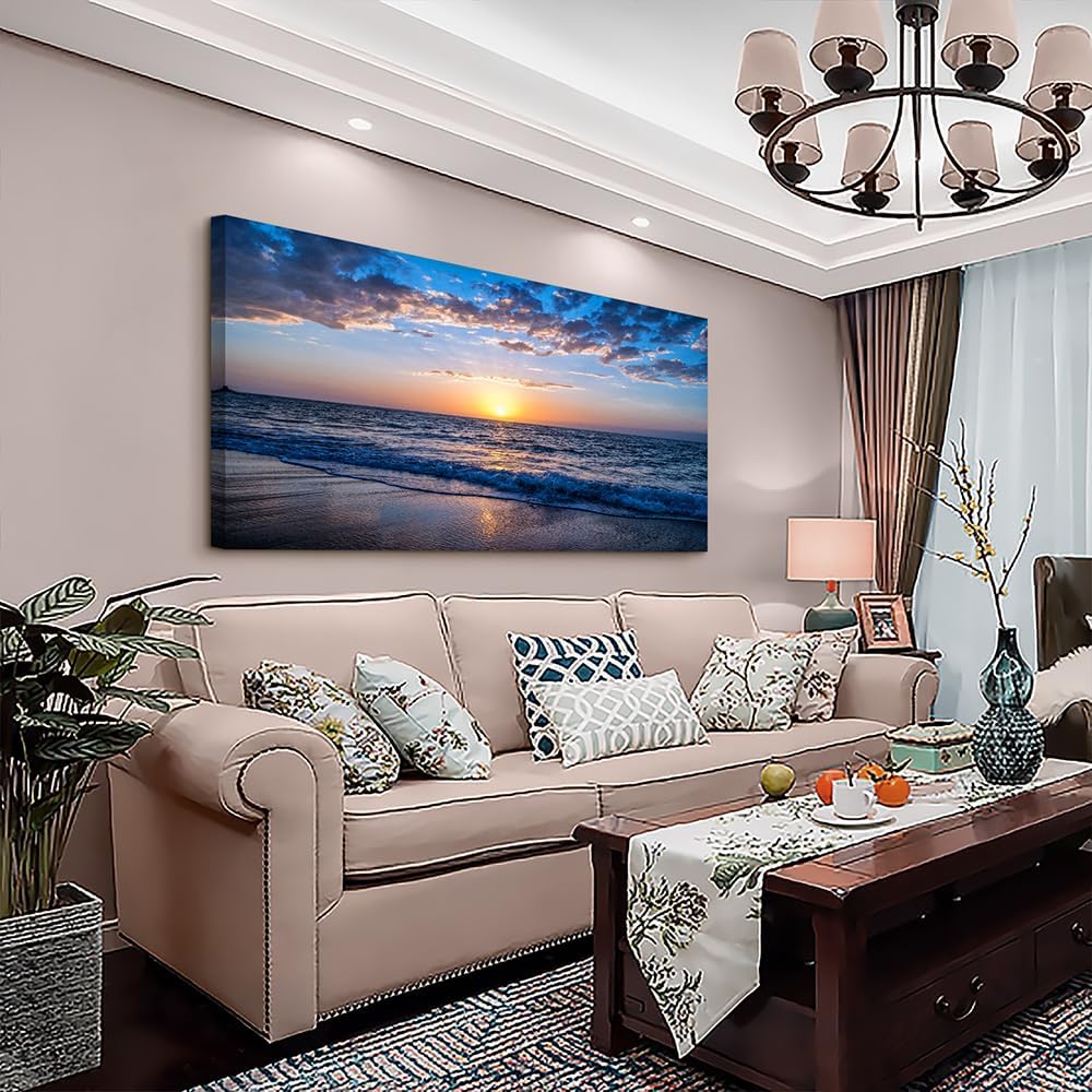 Wapluam Large Canvas Wall Art Sunset Beach Painting Picture Print on Canvas Framed Wall Art for Living Room Wall Decor for Bedroom Modern Coastal Landscape Room Decorations Artwork 60x30 Ready to Hang