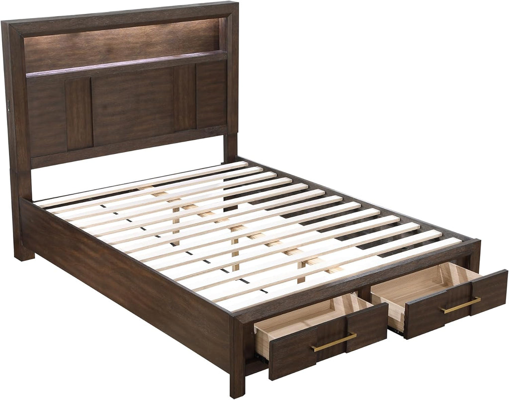 Modern Style Full 5PC Storage Bedroom Set Made with Wood, LED Headboard, Bluetooth Speakers & USB Ports - Walnut