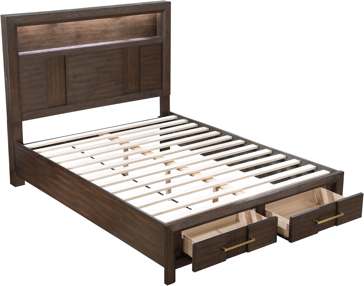 Modern Style Full 5PC Storage Bedroom Set Made with Wood, LED Headboard, Bluetooth Speakers & USB Ports - Walnut