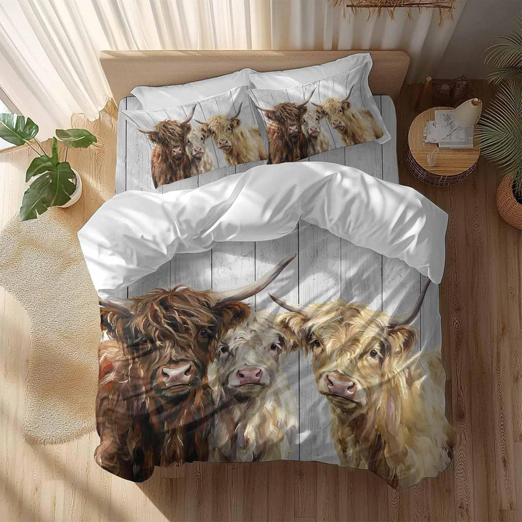 Farm Highland Cattles Duvet Cover Set Queen Size 4 Pieces Farmhouse Brown Cow Country Gray Wood Grain Bedding Set with Zipper Closure, 1 Comforter Cover 92x106 Inches 1 Flat Sheet & 2 Pillow Cases
