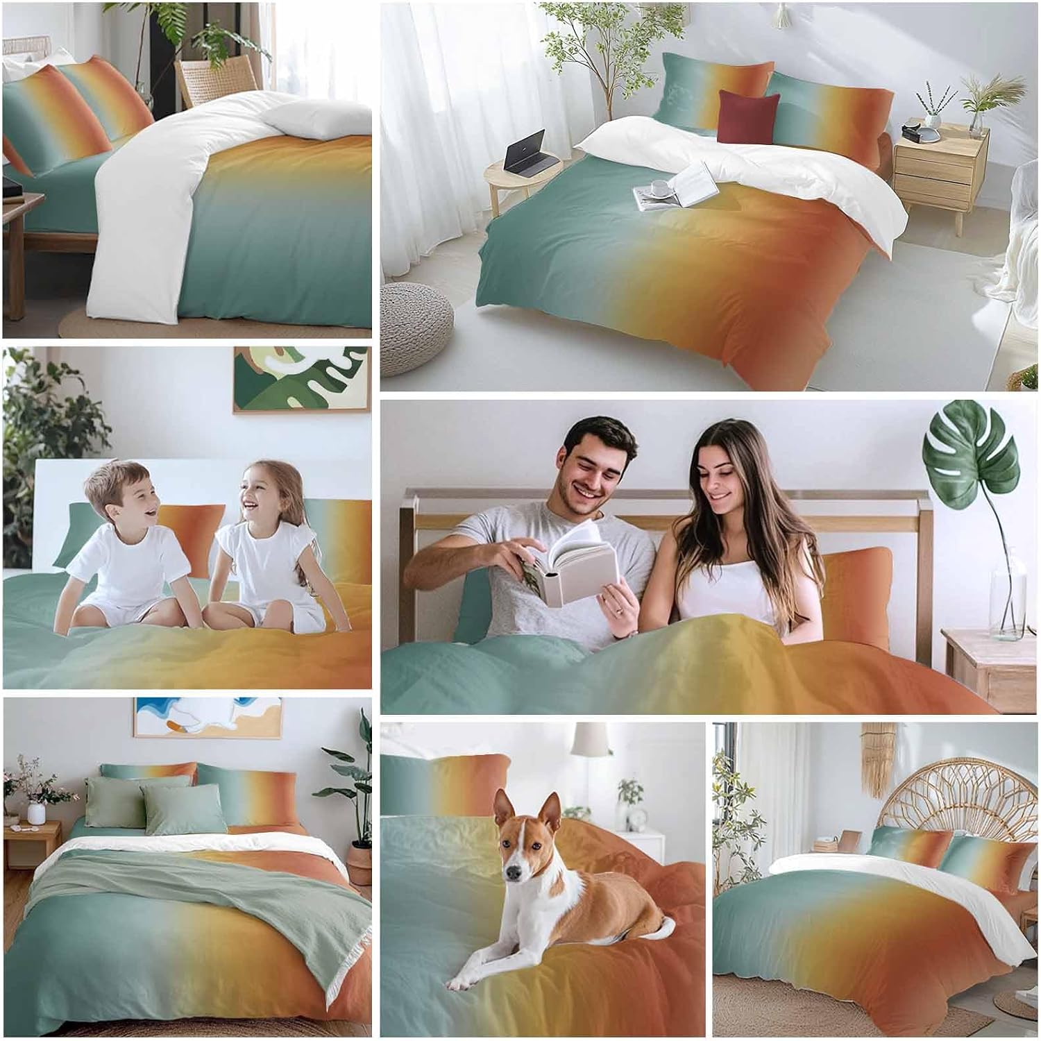 Gradient Blue Red Duvet Cover Set Queen Size 4 Pieces Modern Abstract Minimalist Yellow Orange Ocean Beach Bedding Set with Zipper Closure, 1 Comforter Cover 90x92 Inches 1 Flat Sheet & 2 Pillow Cases