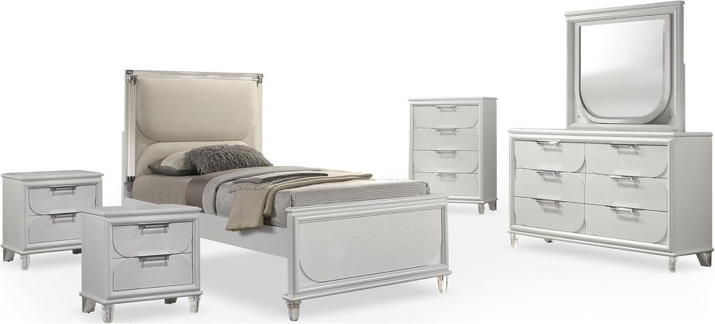 Furniture of America Leila Modern Wood 6-Piece Kids Bedroom Set with LED on Headboard and Mirror, Embossed Panels, Hidden Jewelry Tray, Felt-Lined, No Box Spring Needed, Twin, Pearl White