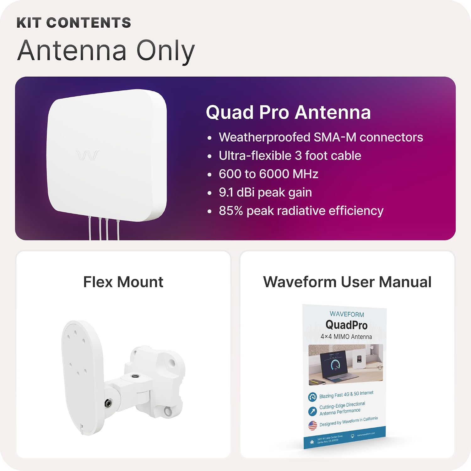 Waveform 20' Cable + QuadPro Antenna - 4x4 MIMO Panel Antenna for 4G/5G Routers & Gateways for T-Mobile Home Internet, Verizon, AT&T with 20' SMA Cable - Outdoor Rated