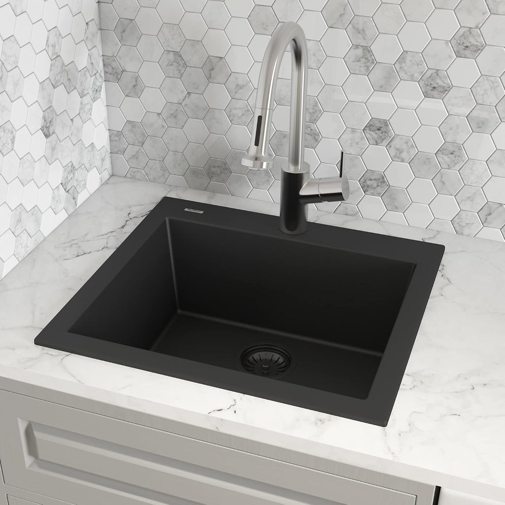Ruvati 22 x 20 inch epiGranite Drop-in Topmount Granite Composite Quartz Single Bowl Wet Bar Prep Sink - Midnight Black - RVG1022BK