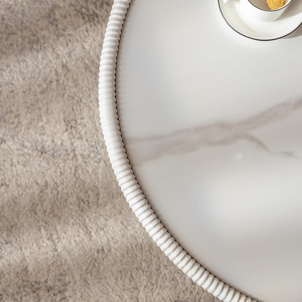 White Round Coffee Table, 27.56' Drum Coffee Table with Sintered Stone Tabletop and Fluted PU Leather Covered and Metal Base, Circle Cocktail Tea Table for Living Room