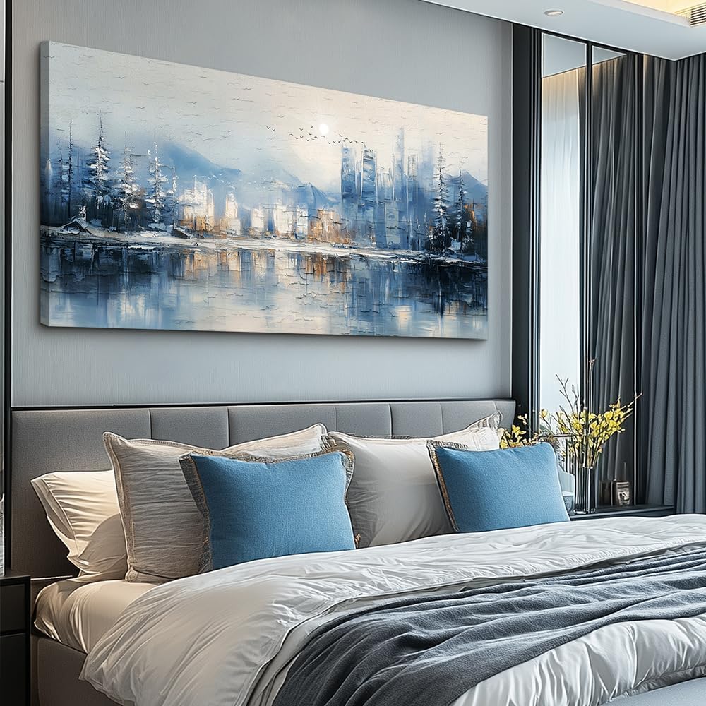 QIYILEXWART Canvas Wall Art For Living Room Large Wall Decor For Office Bedroom Decorations The Blue Lake Pictures Stretched And Framed Watercolour Abstract Painting Artwork Room Ready To Hang