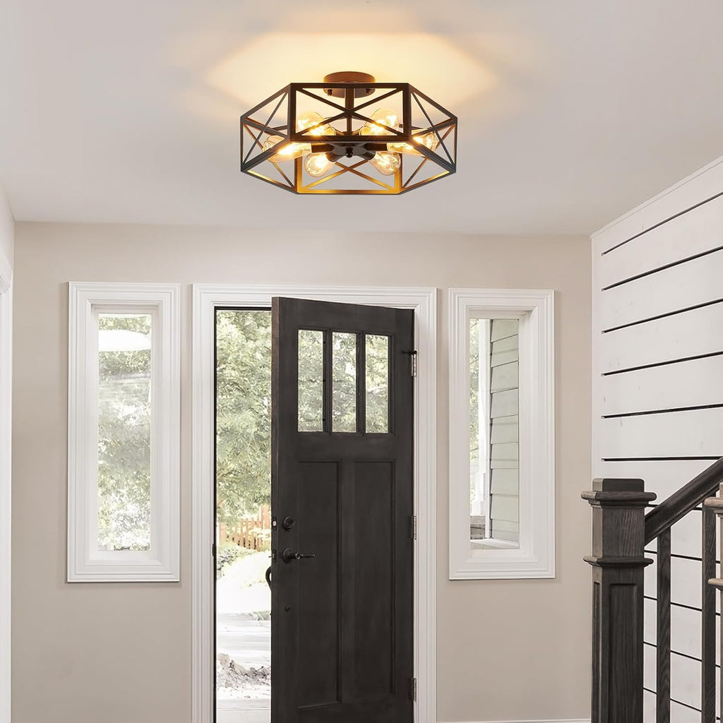 XSDeTu Industrial Semi Flush Mount Ceiling Light, 6 Light Modern Metal Close to Ceiling Light Fixture, Farmhouse Light Fixtures Ceiling Mount, Black Chandelier for Kitchen, Dining Room, Hallway