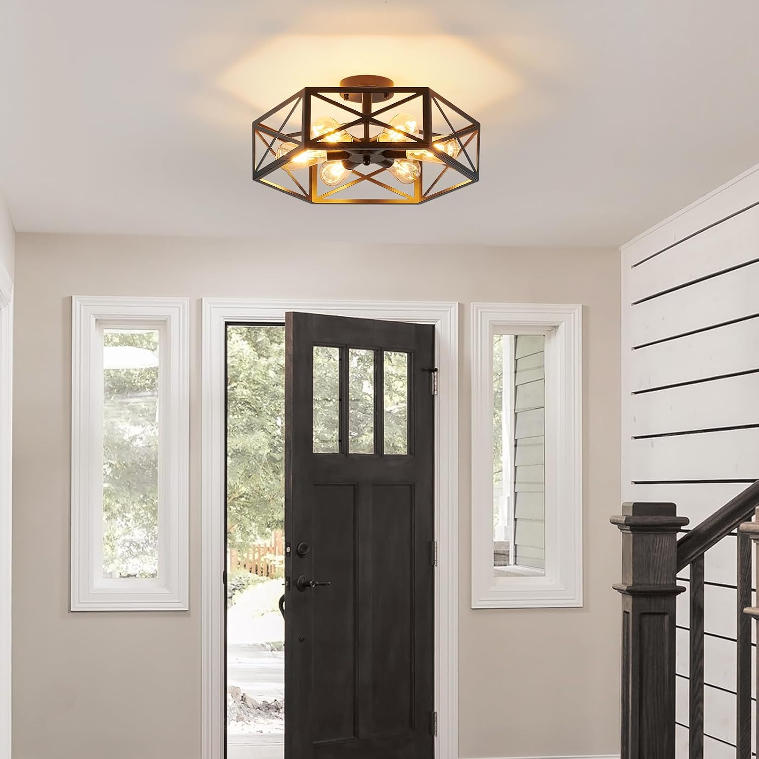 XSDeTu Industrial Semi Flush Mount Ceiling Light, 6 Light Modern Metal Close to Ceiling Light Fixture, Farmhouse Light Fixtures Ceiling Mount, Black Chandelier for Kitchen, Dining Room, Hallway