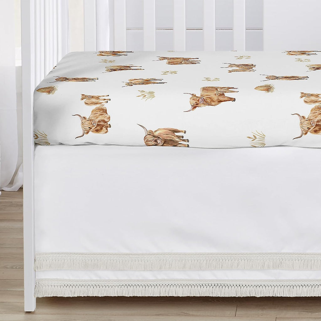 Sweet Jojo Designs 4-Piece Baby Crib Bedding Set (Boho Highland Cow) for Girls/Boys, Infants/Nursery incl. Blanket, Fitted Sheet, Skirt, Diaper Stacker (Taupe Plaid & Farm Animal Watercolor Farmhouse)