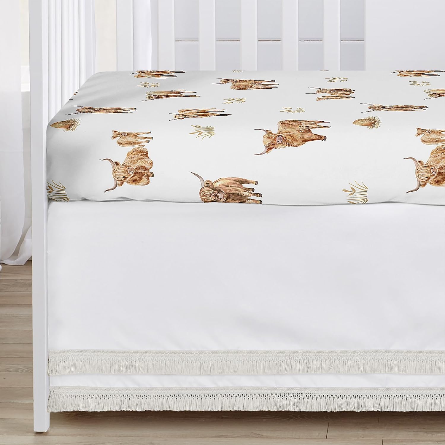 Sweet Jojo Designs 4-Piece Baby Crib Bedding Set (Boho Highland Cow) for Girls/Boys, Infants/Nursery incl. Blanket, Fitted Sheet, Skirt, Diaper Stacker (Taupe Plaid & Farm Animal Watercolor Farmhouse)